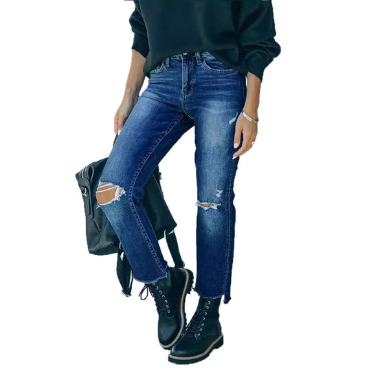 Damen Ripped High-Waist Jeans im trendigen Vintage-Stil EB