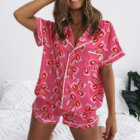 Damen Kurzarm-Pyjama-Set mit verspieltem Schleifenmuster EB