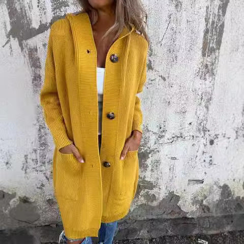 Damen Strickmantel mit Kapuze und Knopfleiste EB