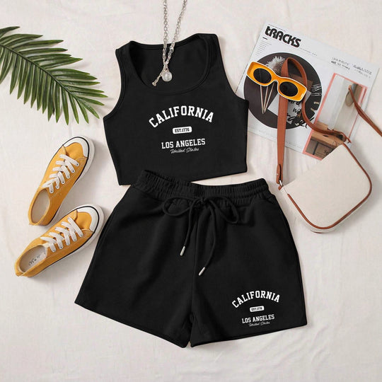 Damen Sportliches Zweiteiler Set mit Top und Shorts EB