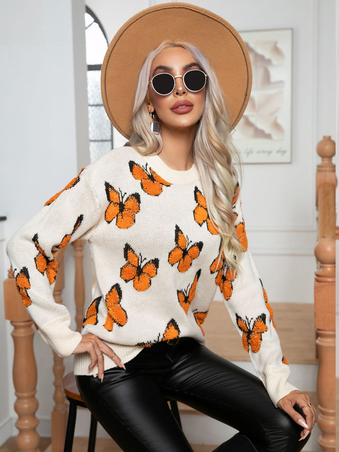 Damen Strickpullover mit Schmetterlingsmuster EB