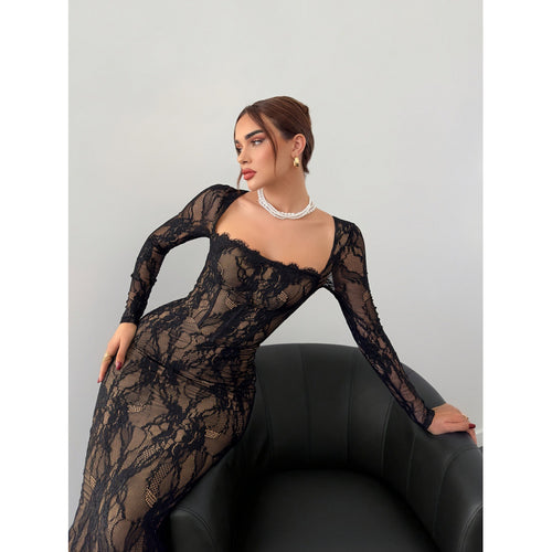 Damen Elegantes Spitzenkleid mit tiefem Rückenausschnitt und transparenten Ärmeln EB