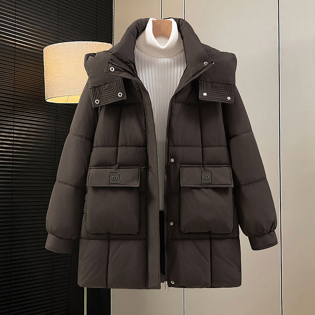 Damen funktionelle und stilvolle Winterjacke mit Taschen und Kapuze EB