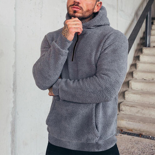 Herren nan kuscheliger Sherpa-Hoodie mit Kängurutasche und hohem Kragen EB