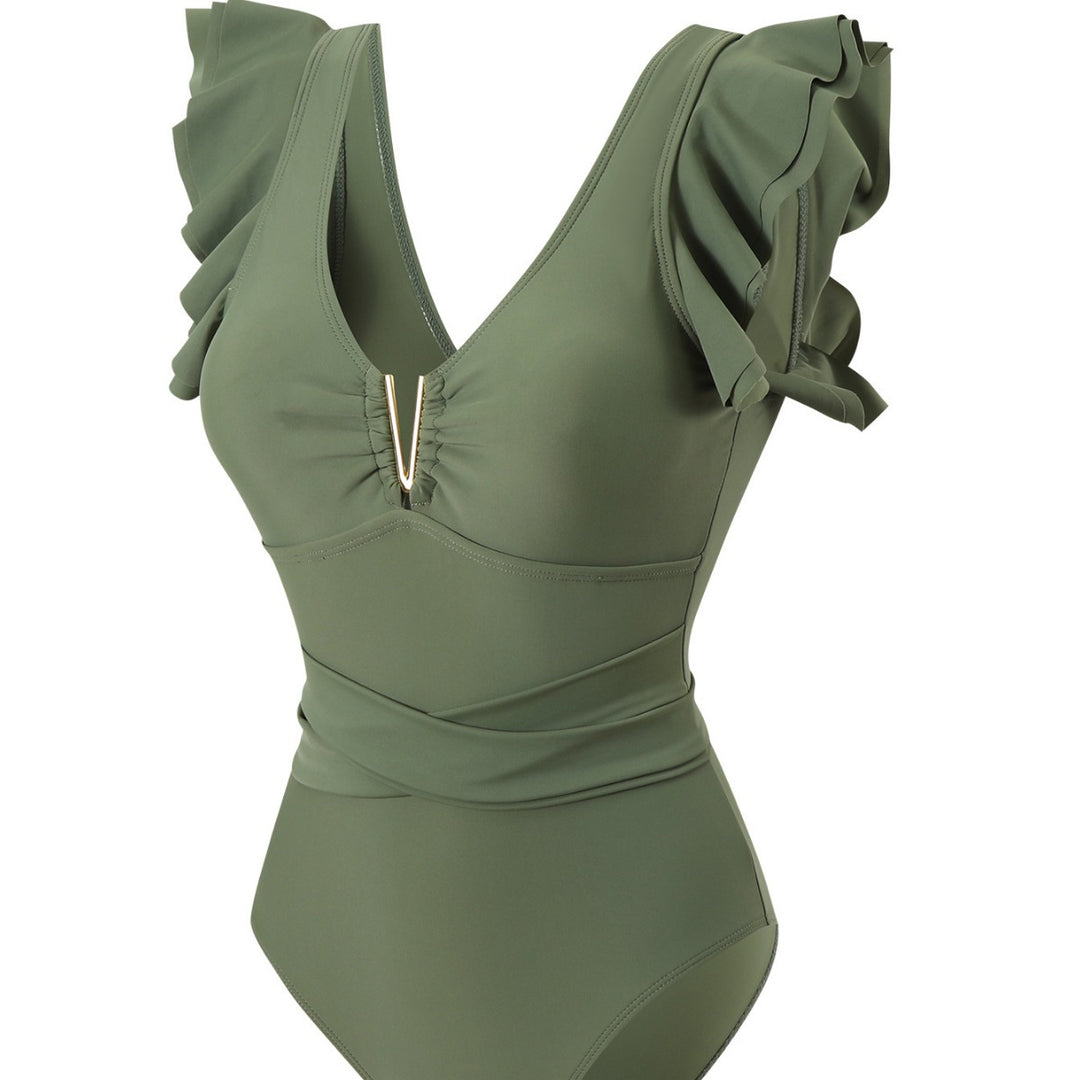 Damen Eleganter Einteiler Badeanzug mit Rüschen und Bindegürtel EB