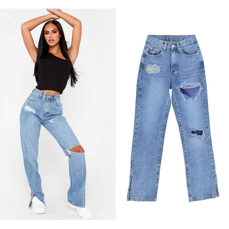 Damen lässige Ripped Jeans mit hoher Taille und modernen Fransen EB