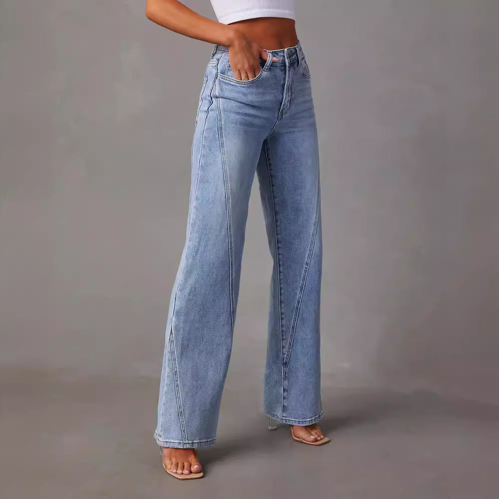Damen lässige Weitbein-Jeans mit hohem Bund und eleganten Nahtdetails EB