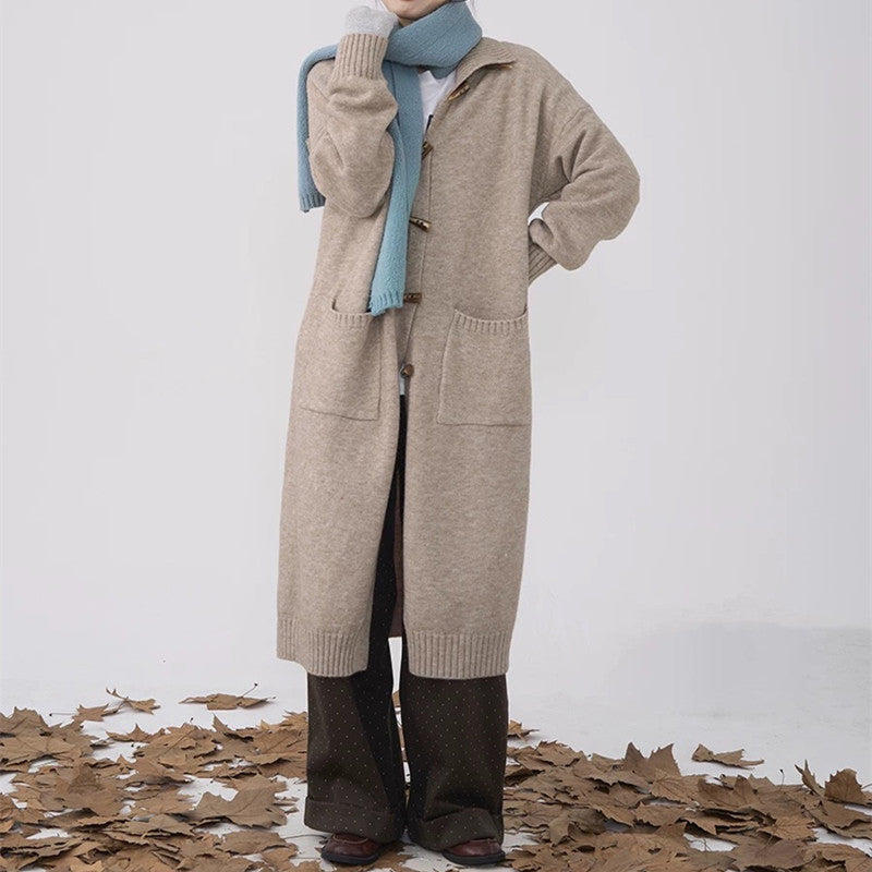 Damen langer Strickmantel mit Knöpfen und praktischen Taschen EB