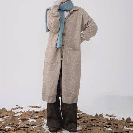 Damen langer Strickmantel mit Knöpfen und praktischen Taschen EB