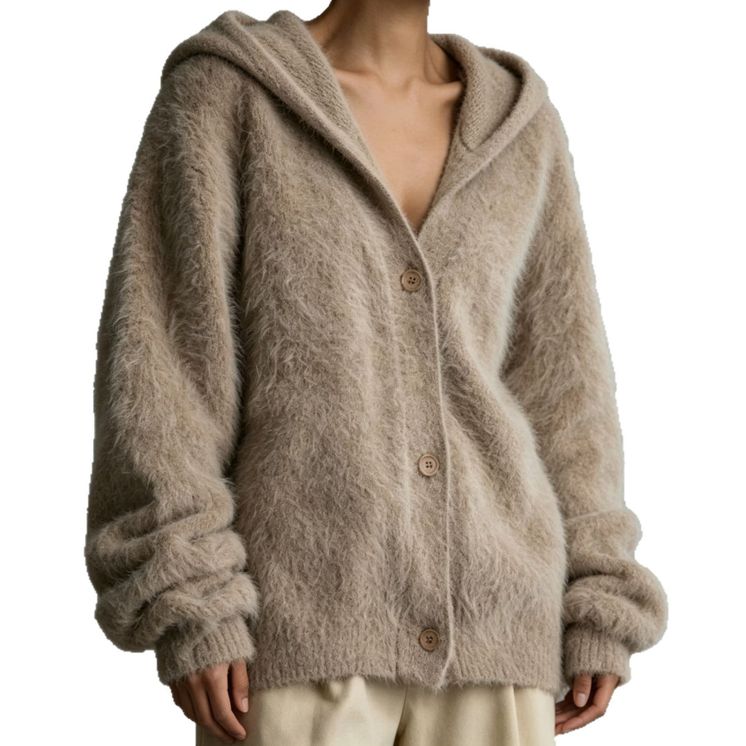 Damen Flauschiger Kapuzen-Cardigan im Mohair-Look mit Knopfleiste EB