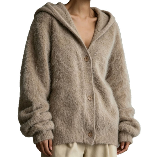 Damen Flauschiger Kapuzen-Cardigan im Mohair-Look mit Knopfleiste EB