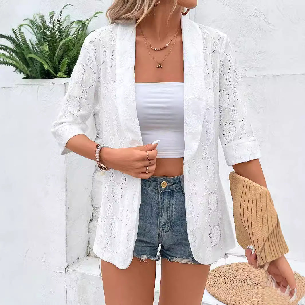 Damen Spitzenblazer mit filigranem Motiv und kurzem Arm EB