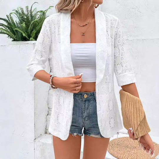 Damen Spitzenblazer mit filigranem Motiv und kurzem Arm EB