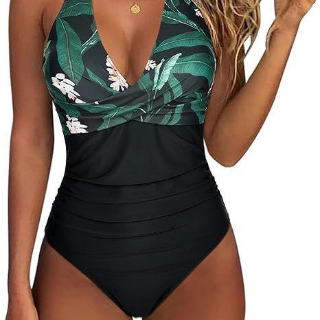 Damen Hochtaillierter Badeanzug mit tiefem V-Ausschnitt und floralem Design EB