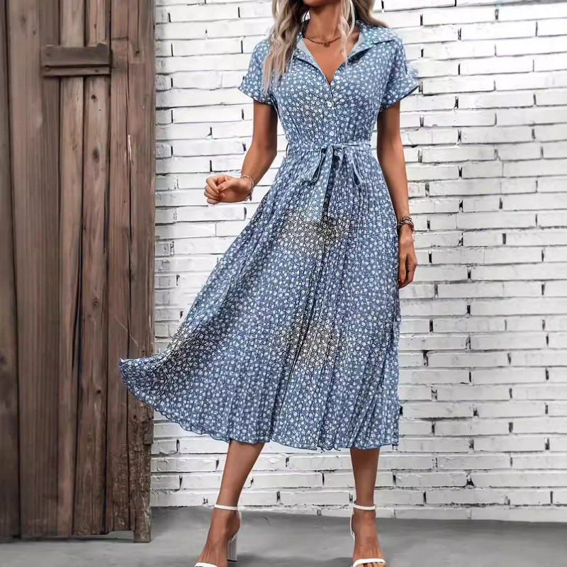 Damen Maxikleid mit knöpfbarem Kragen und Bindegürtel EB