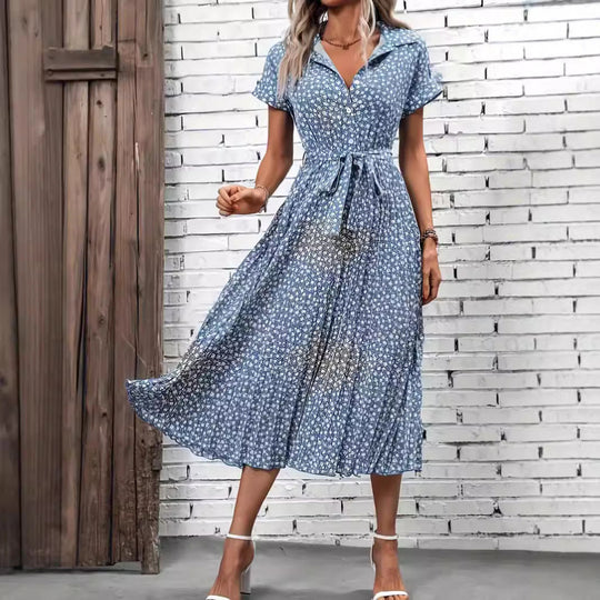 Damen Maxikleid mit knöpfbarem Kragen und Bindegürtel EB
