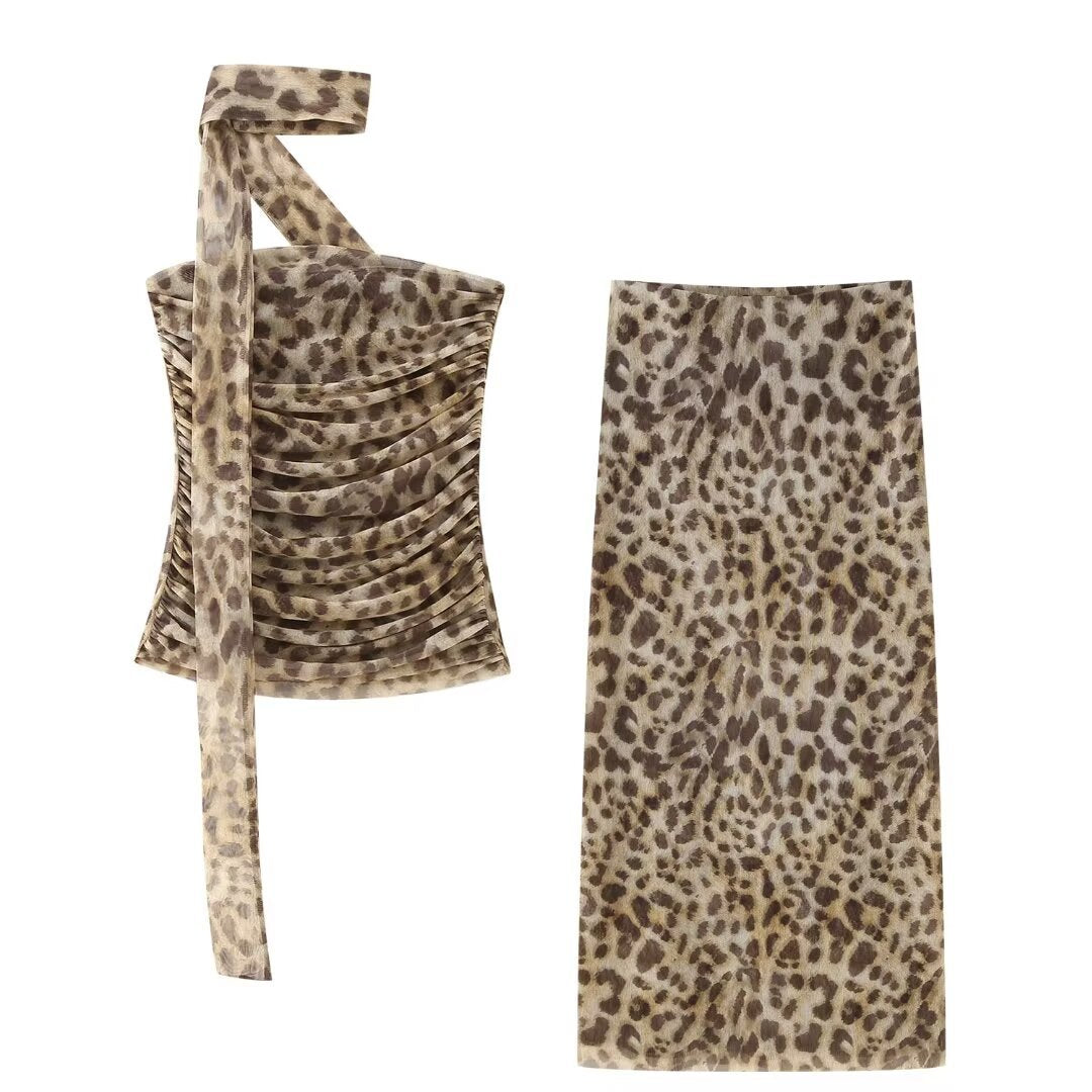 Damen elegant gestreifter Maxirock mit hohem Bund im Leoprint EB