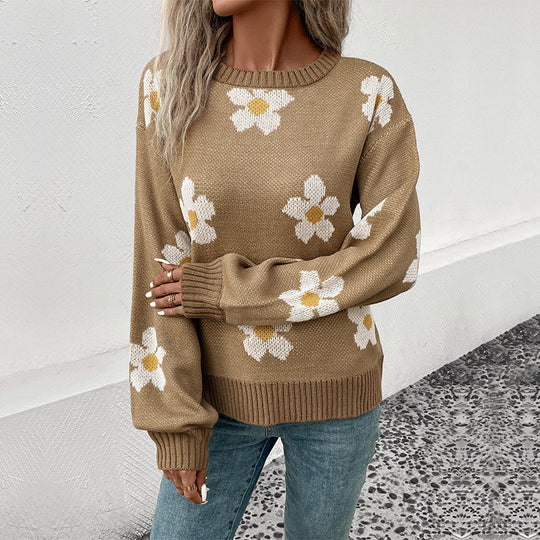 Damen Strickpullover mit floralen Akzenten und weitem Schnitt EB