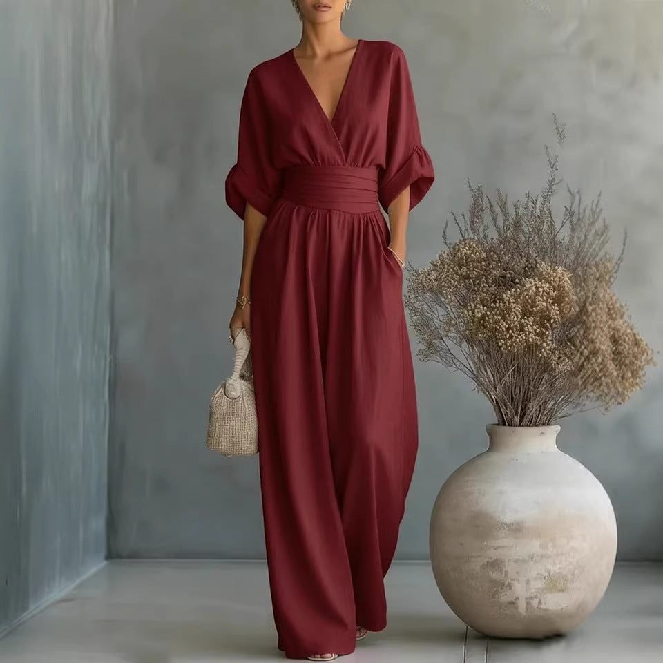 EB | Eleganter Ärmelloser Jumpsuit mit Tiefem V-Ausschnitt, Taillenbund und Weitem Bein