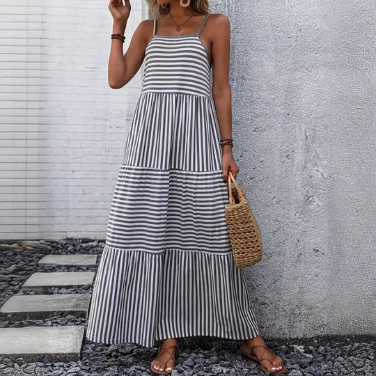 Damen Maxikleid mit schmalen Trägern und gestreiftem Design EB