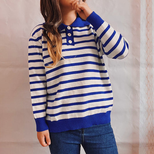 Damen legerer Streifenpullover mit Knopfleiste und weitem Schnitt EB