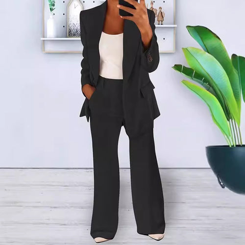 Damen nan bürotaugendes Hosenanzug Set mit weiter Hose und tailliertem Blazer EB