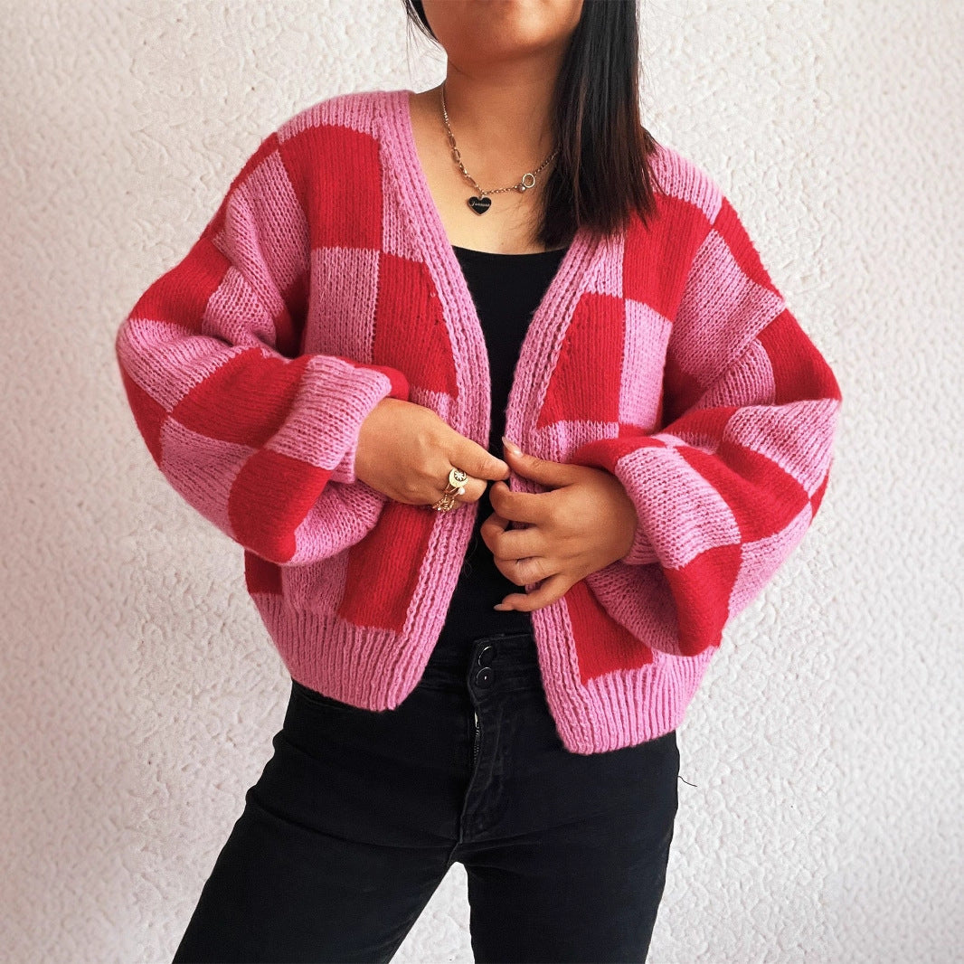 Damen lässige Strickjacke mit Karomuster und voluminösen Ärmeln EB
