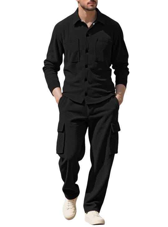 Herren nan geripptes Worker-Hemd mit Brusttaschen und entspannter Cargohose EB