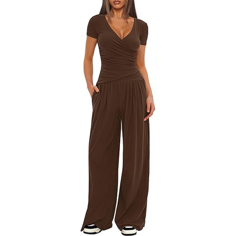 Damen Eleganter Wickel-Jumpsuit mit weitem Bein und modischen Details EB