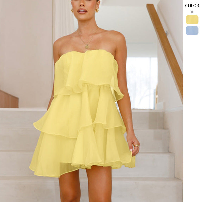 Damen Verspieltes Chiffonkleid mit schwingendem Volant und schulterfreiem Design EB