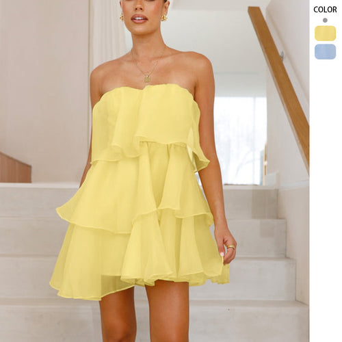 Damen Verspieltes Chiffonkleid mit schwingendem Volant und schulterfreiem Design EB