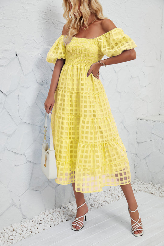 Damen Midi-Kleid mit Puffärmeln und elastischem Taillengürtel EB