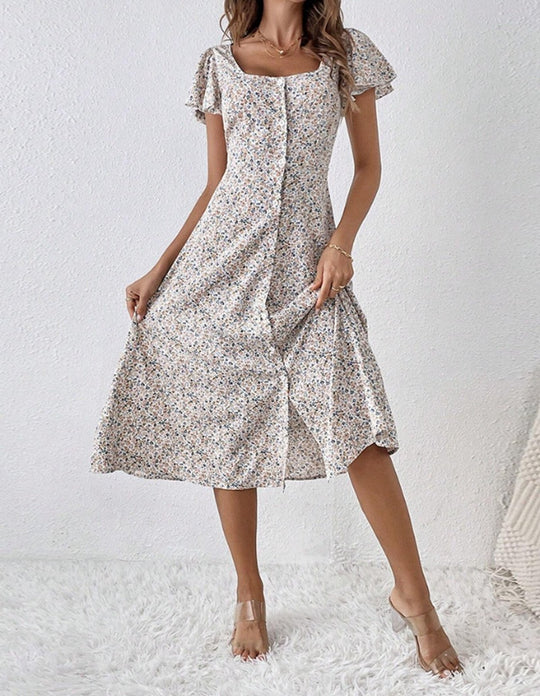 Damen Midi-Kleid mit femininen Rüschendetails und Knopfverschluss Heidi-Mode