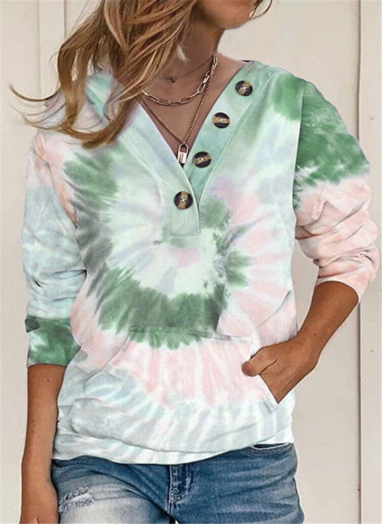 Damen lässiger Pullover mit Knopfdetails und modernem Batikmuster EB