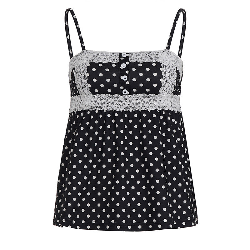 Damen Spaghetti-Trägertop mit süßem Spitzenbesatz und Polka-Dots EB