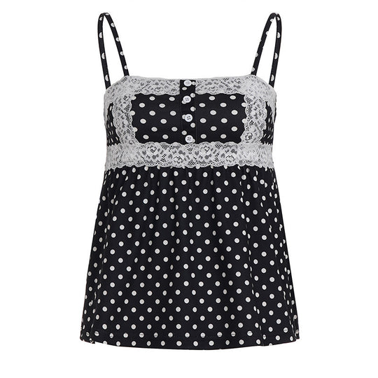 Damen Spaghetti-Trägertop mit süßem Spitzenbesatz und Polka-Dots EB