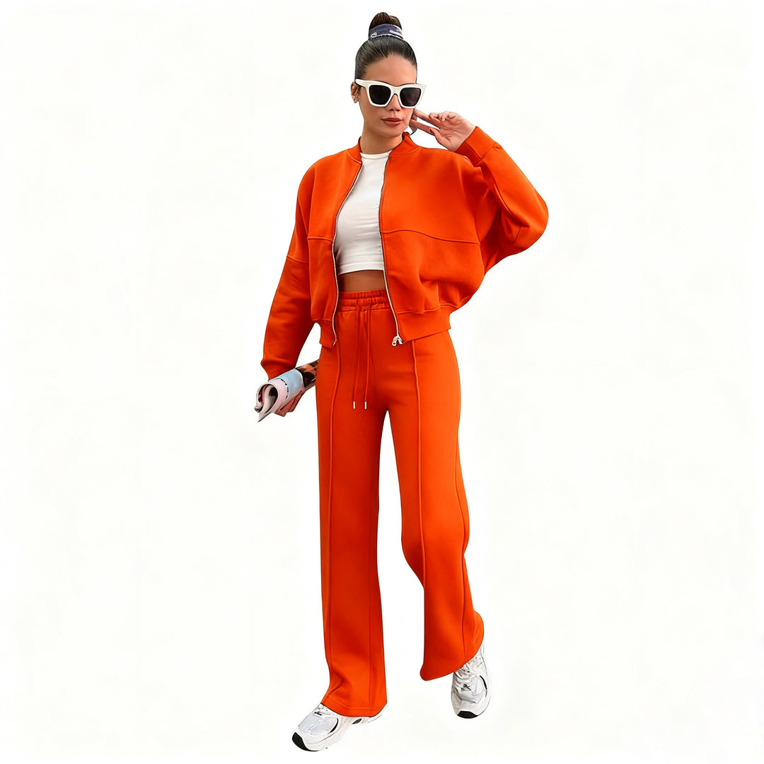 Damen nan kurz geschnittenes Blouson mit Reißverschluss und weiter High-Waist Jogginghose Set EB