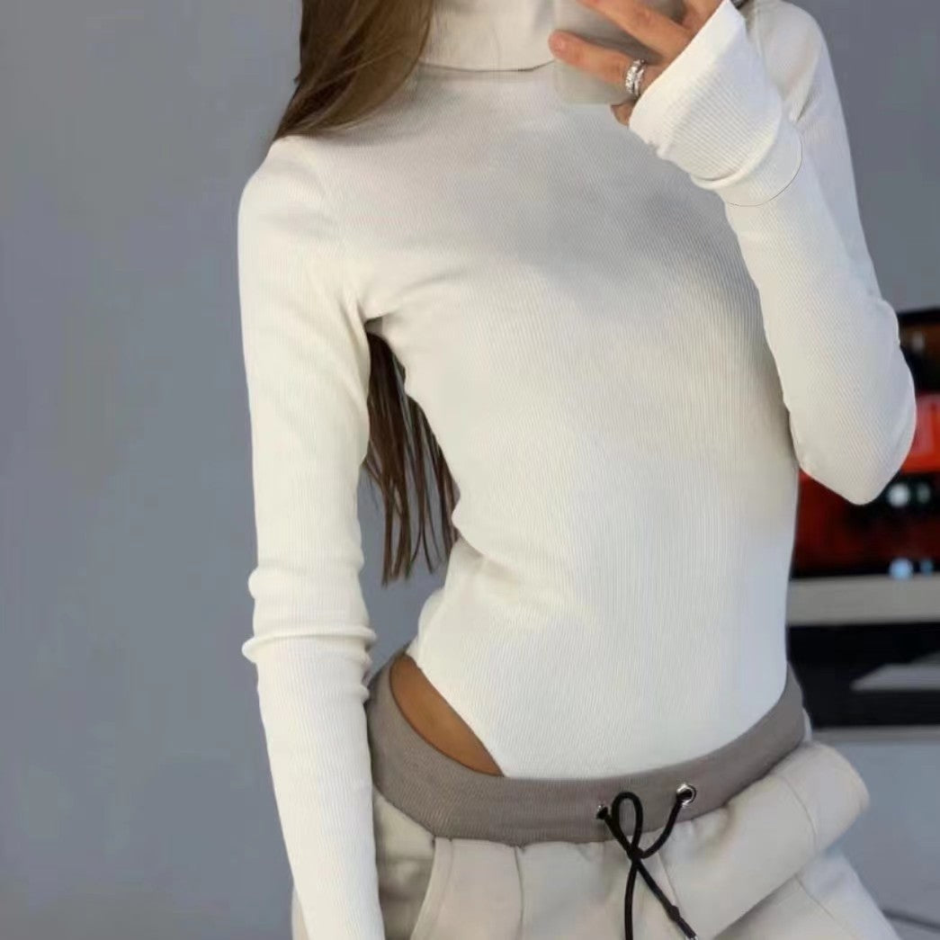 Damen Langarmbody mit hohem Kragen und Rippstruktur EB