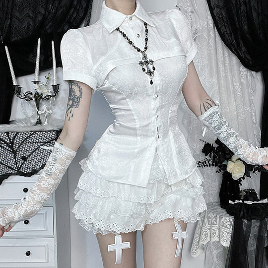 Damen Gothic Spitzenhemd mit eleganten Puffärmeln und Rüschendetails EB