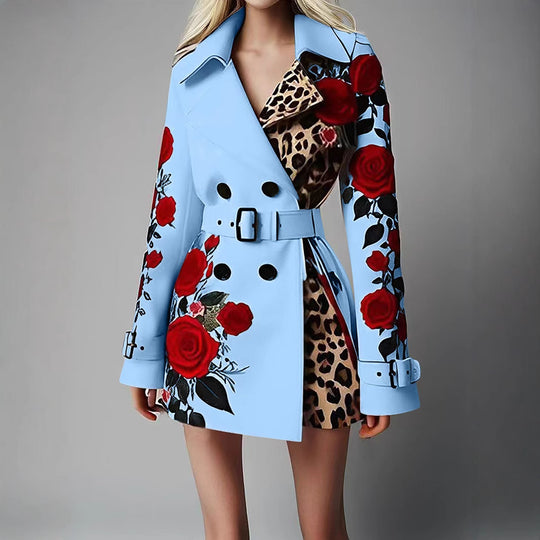 Damen Taillierter Trenchcoat mit Rosenprint und Leoparden-Innenfutter EB