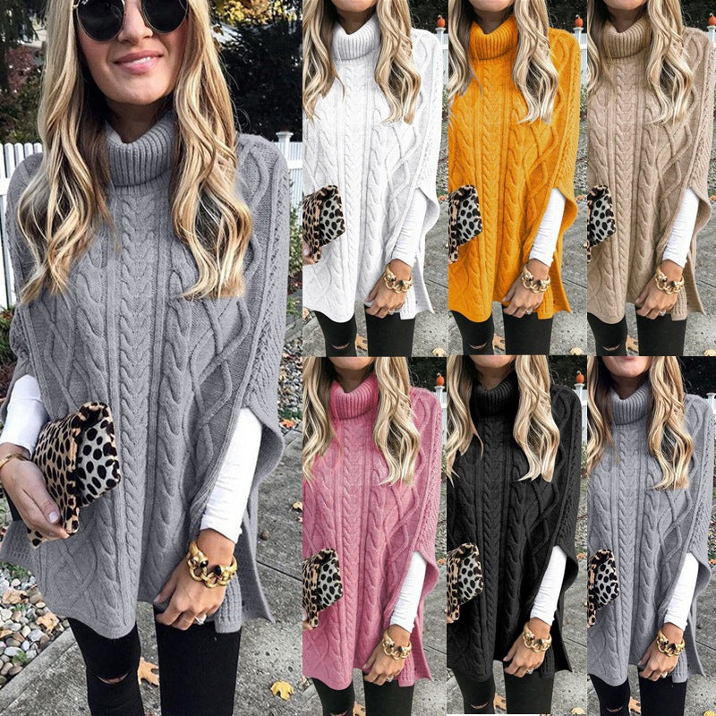 Damen Kuschelponcho mit hohem Kragen und Zopfmuster EB
