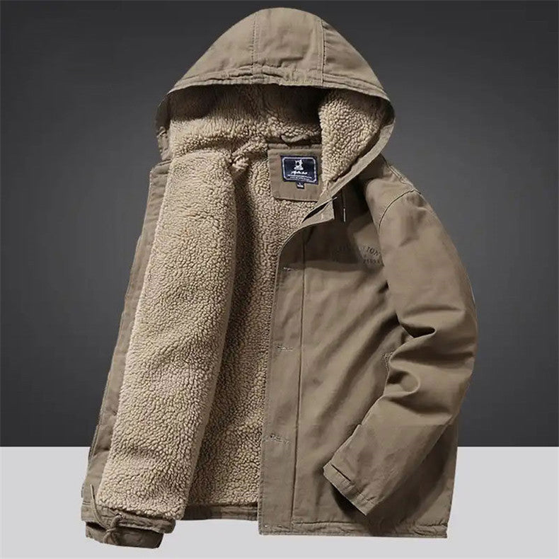 Herren Kapuzenjacke im Vintage-Worker-Stil mit Sherpa‑Futter EB