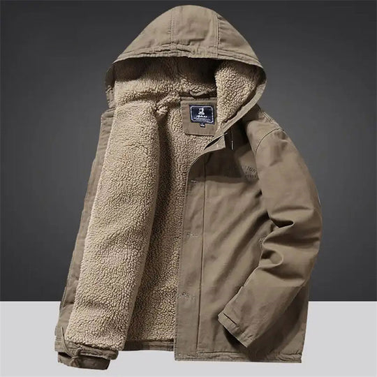 Herren Kapuzenjacke im Vintage-Worker-Stil mit Sherpa‑Futter EB