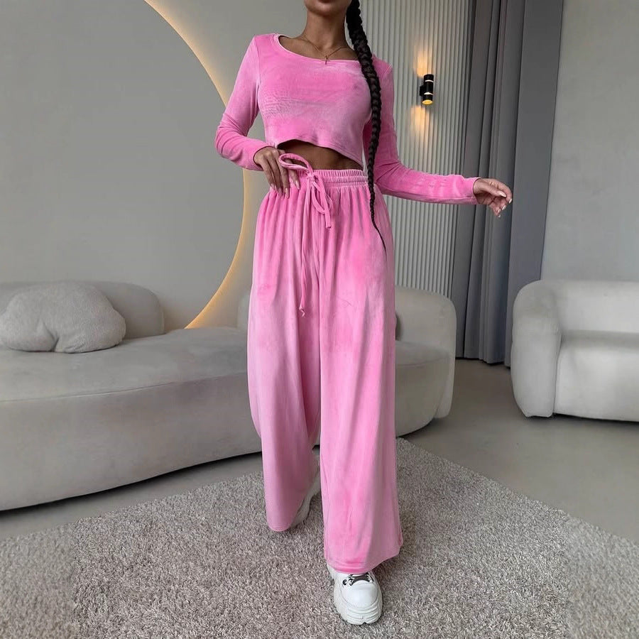 Damen Samt-Loungewear-Set mit Cropped-Langarmshirt und hoher Taillen-Palazzohose EB