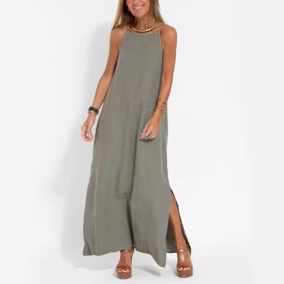 Damen elegantes Maxikleid mit feinen Trägern und schwingendem Saum EB