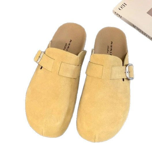 Damen bequeme Clogs mit dekorativem Schnallenverschluss und hochwertigem Veloursleder EB