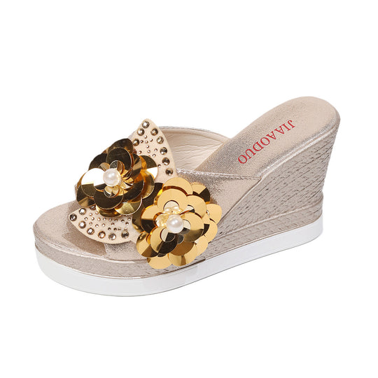 Damen Wedge-Sandalen mit schimmernden Blumenapplikationen und rutschfester Sohle EB