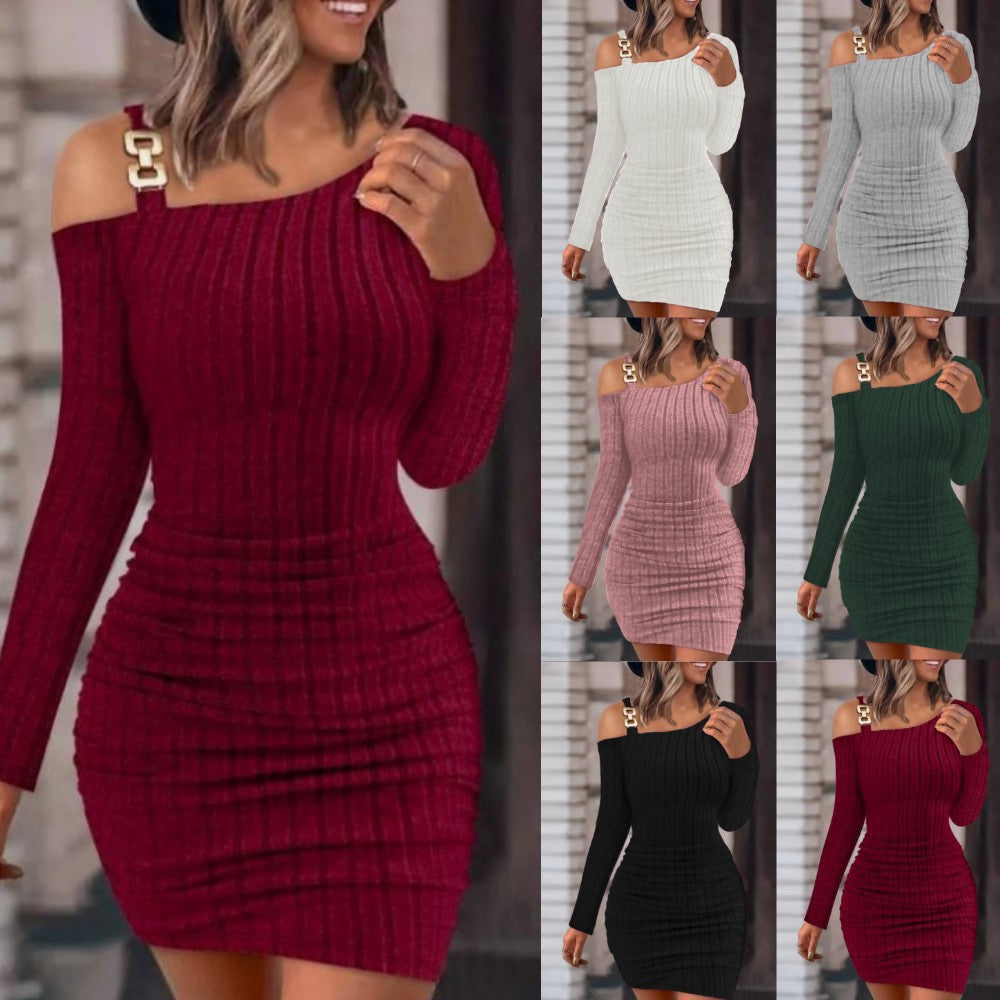 Damen Figurbetontes Strickkleid mit asymmetrischem Schulterdesign und dekorativen Akzenten EB