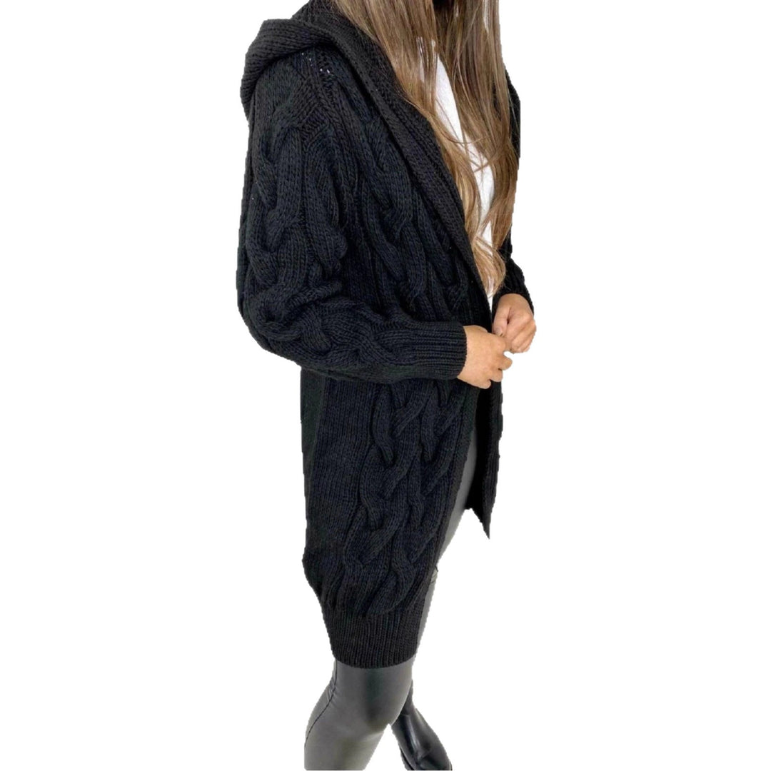 Damen Langer Strickmantel mit strukturiertem Zopfdesign und praktischer Kapuze EB