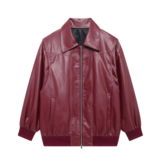 Damen lässige Kunstlederjacke mit hohem Kragen und Reißverschluss EB